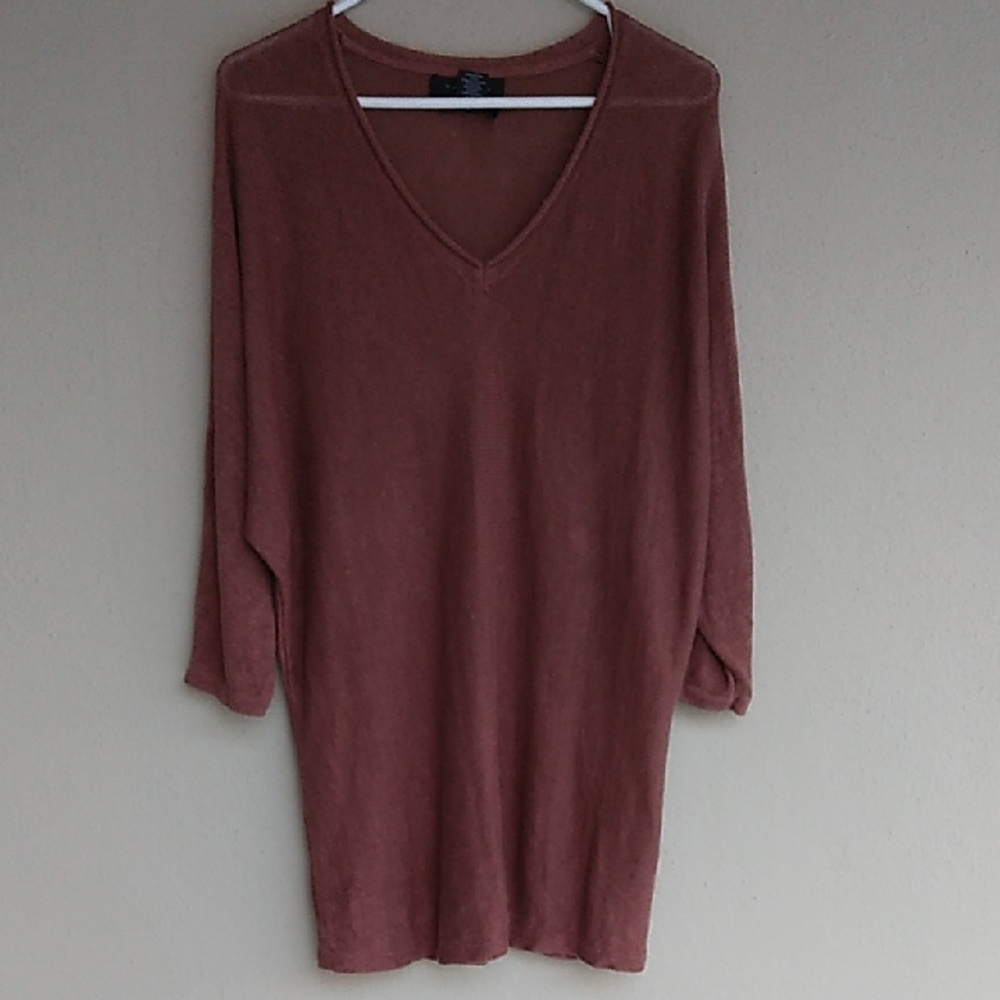Tahari V-Neck Linen Knit Top Cocoa Brown Oversized Medium